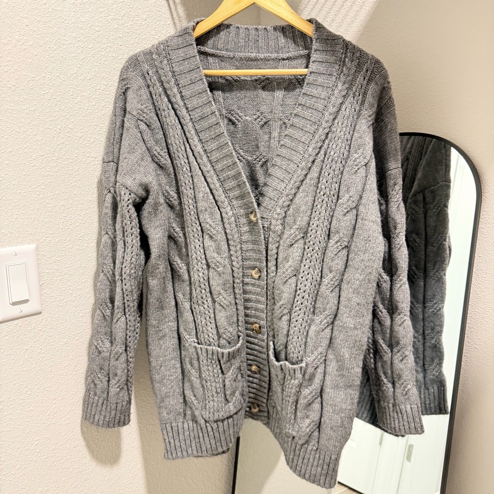 Gray Cable Knit Cardigan Sweater